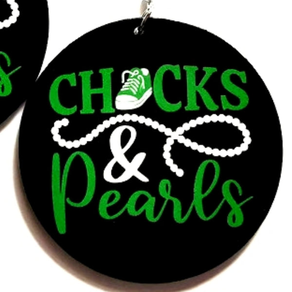 Green CHUCKS and PEARLS Statement Dangle Wood Earrings