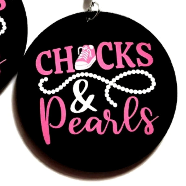 Pink CHUCKS and PEARLS Statement Dangle Wood Earrings