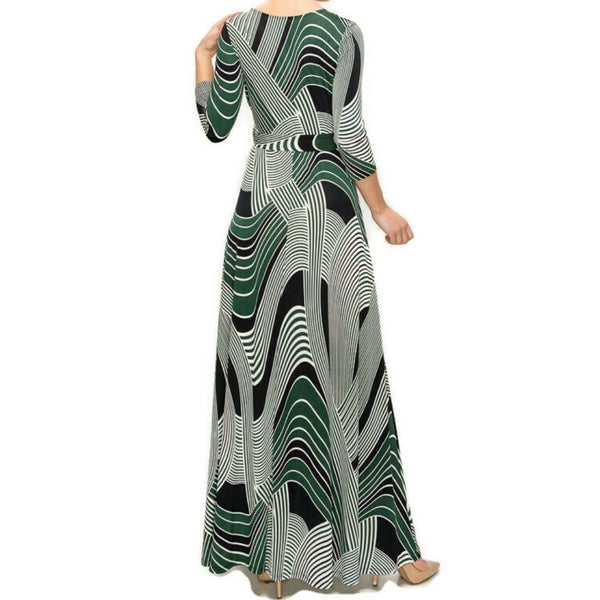 Green Curved Lines Faux Wrap 3/4 Sleeve Long Maxi Dress