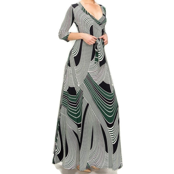 Green Curved Lines Faux Wrap 3/4 Sleeve Long Maxi Dress