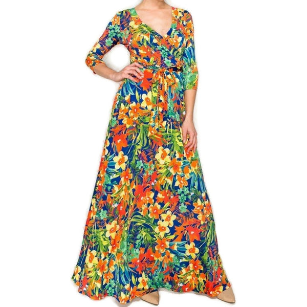 Aloha Hawaii Floral Faux Wrap 3/4 Sleeve Long Maxi Dress