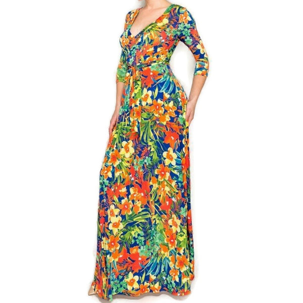 Aloha Hawaii Floral Faux Wrap 3/4 Sleeve Long Maxi Dress