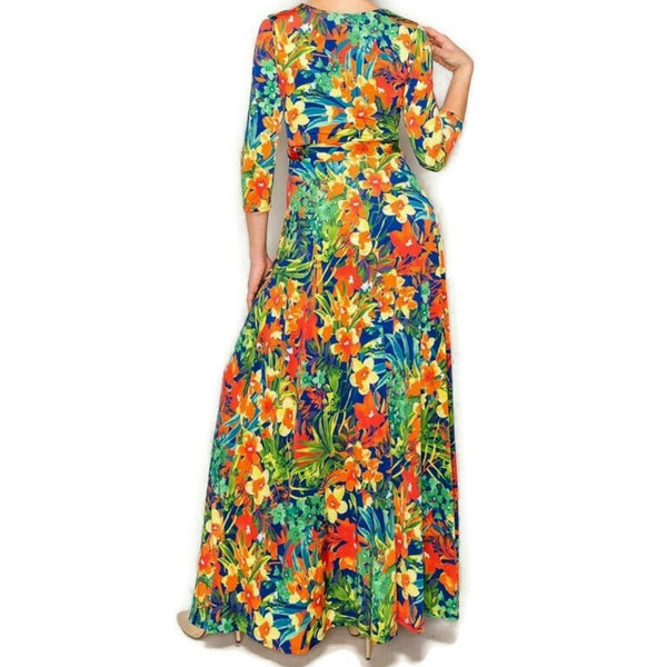 Aloha Hawaii Floral Faux Wrap 3/4 Sleeve Long Maxi Dress