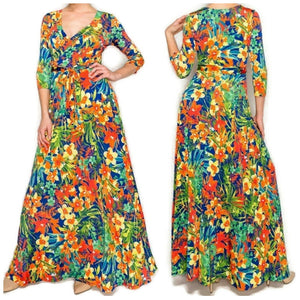 Aloha Hawaii Floral Faux Wrap 3/4 Sleeve Long Maxi Dress