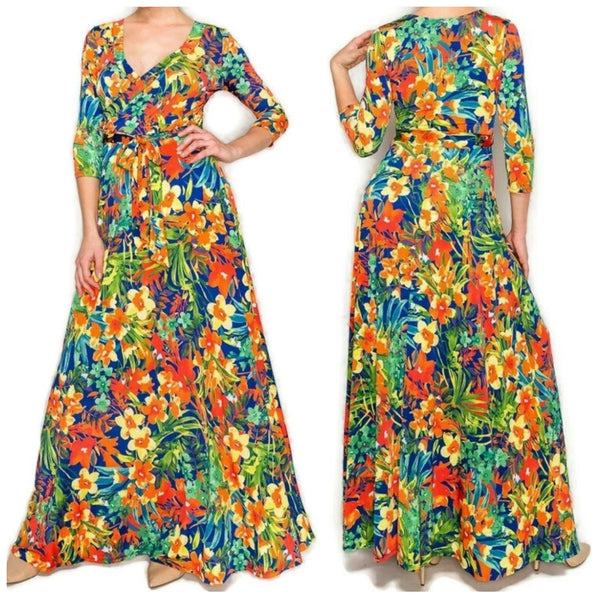 Aloha Hawaii Floral Faux Wrap 3/4 Sleeve Long Maxi Dress