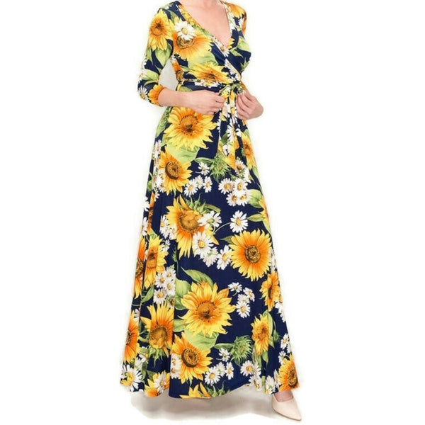 Sunflowers and Daisies Navy Faux Wrap Maxi Dress