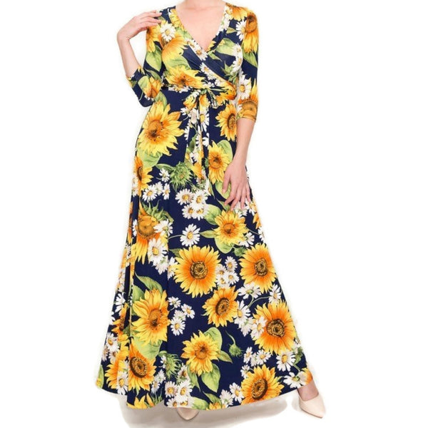 Sunflowers and Daisies Navy Faux Wrap Maxi Dress