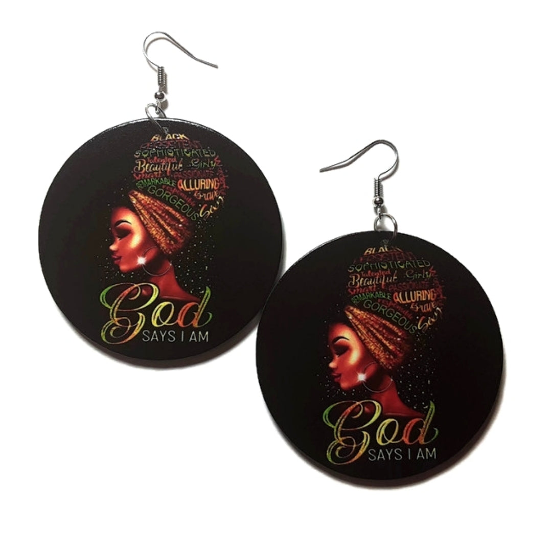 GOD Says I Am Expression Turban Statement Dangle Wood Earrings