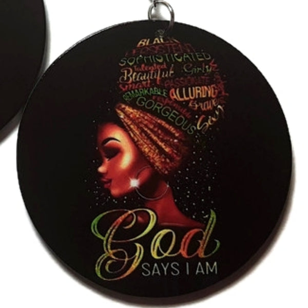 GOD Says I Am Expression Turban Statement Dangle Wood Earrings