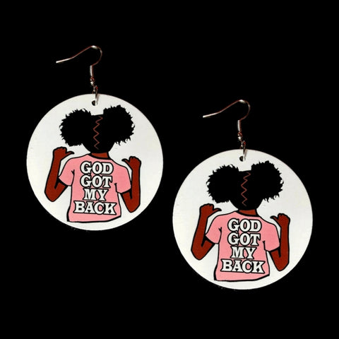 GOD Got MY BACK Pink Tee Afro Puffs Statement Dangle Wood Earrings