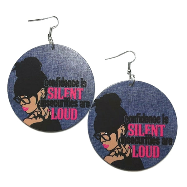 Queen Confidence LOUD Denim Statement Dangle Wood Earrings