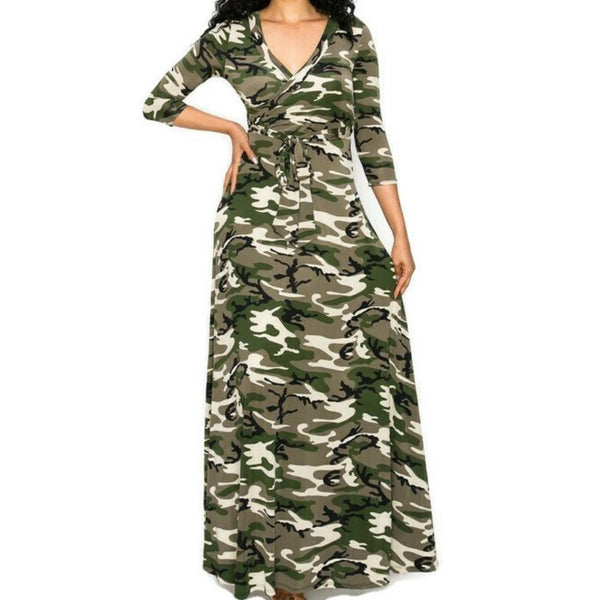 Olive Green Camouflage Faux Wrap Maxi Dress