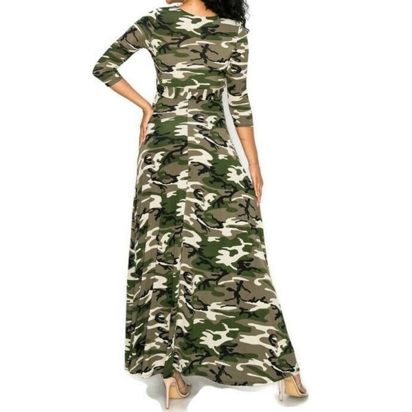 Olive Green Camouflage Faux Wrap Maxi Dress