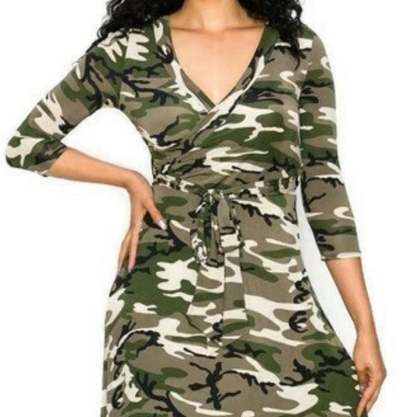 Olive Green Camouflage Faux Wrap Maxi Dress