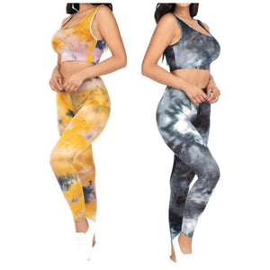 Women Tie Dye Basic Casual Activewear Yoga Legging Sportswear| 2 Tops 2 Leggings