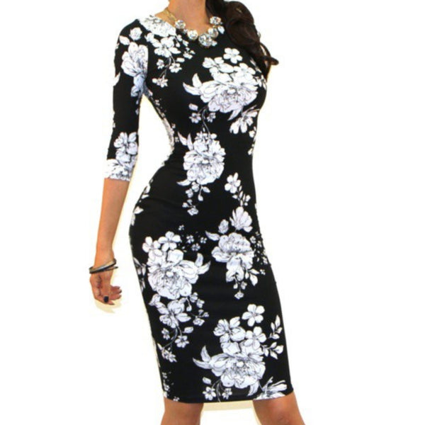 GS Black White Floral Print 3/4 Sleeve Bodycon Party Cocktail Dress