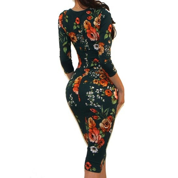 GS Green Floral Print 3/4 Sleeve Bodycon Party Cocktail Dress