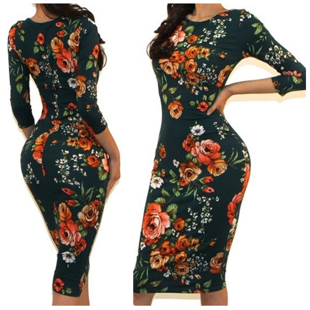 GS Green Floral Print 3/4 Sleeve Bodycon Party Cocktail Dress