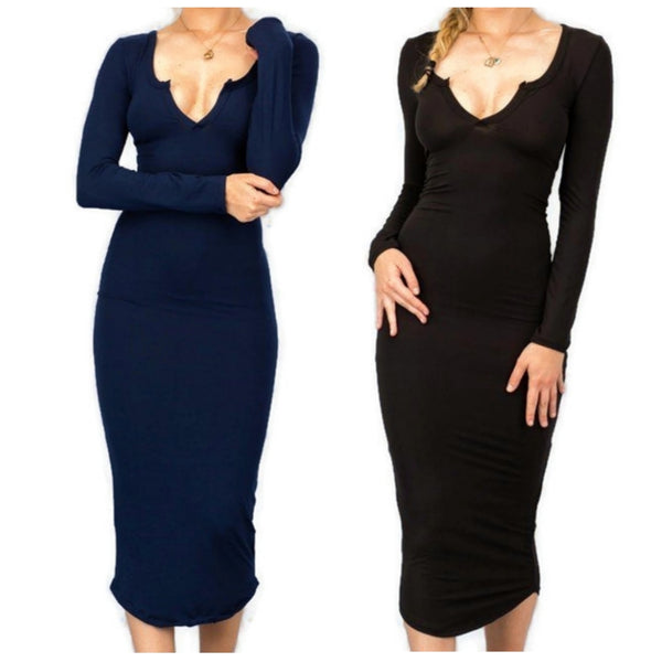 Women Black Navy Basic Bodycon Casual Activewear Long Sleeve Dress | 2 Dresses