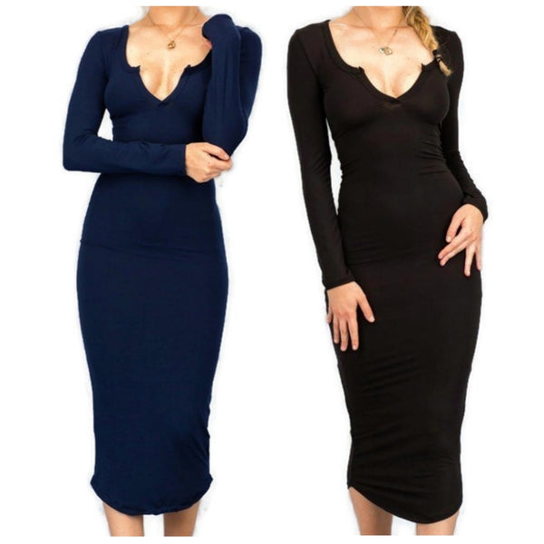 Women Black Navy Basic Bodycon Casual Activewear Long Sleeve Dress | 2 Dresses