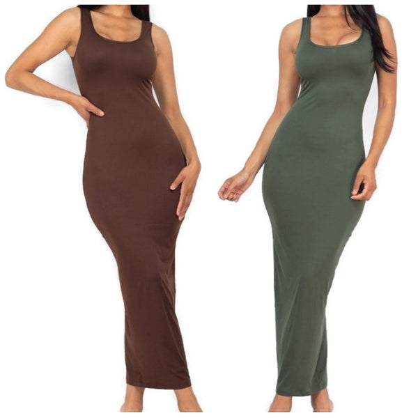 Women Olive Brown Basic Bodycon Activewear Sleeveless Maxi Dress | 2 Dresses