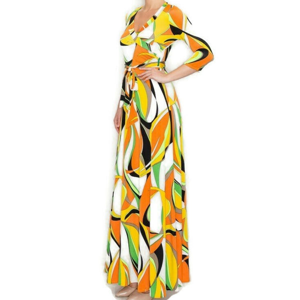 Seventies Retro Swirl Faux Wrap Maxi Dress