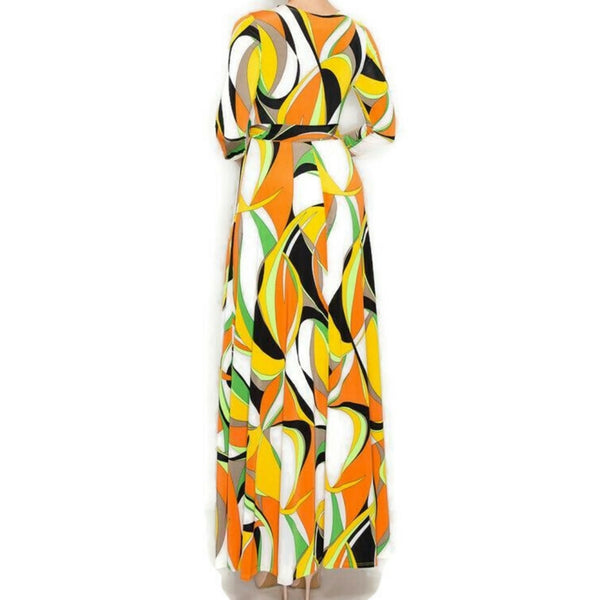 Seventies Retro Swirl Faux Wrap Maxi Dress