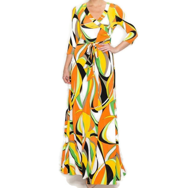 Seventies Retro Swirl Faux Wrap Maxi Dress