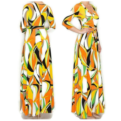 Seventies Retro Swirl Faux Wrap Maxi Dress