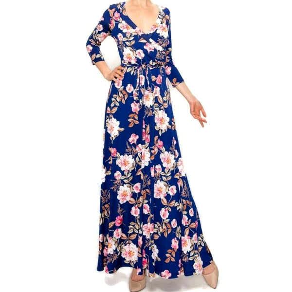 Navy Blue Pink Floral Faux Wrap Maxi Dress