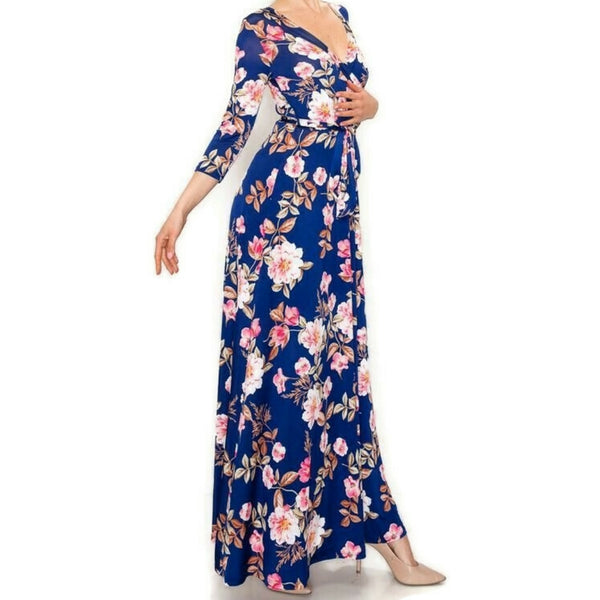 Navy Blue Pink Floral Faux Wrap Maxi Dress