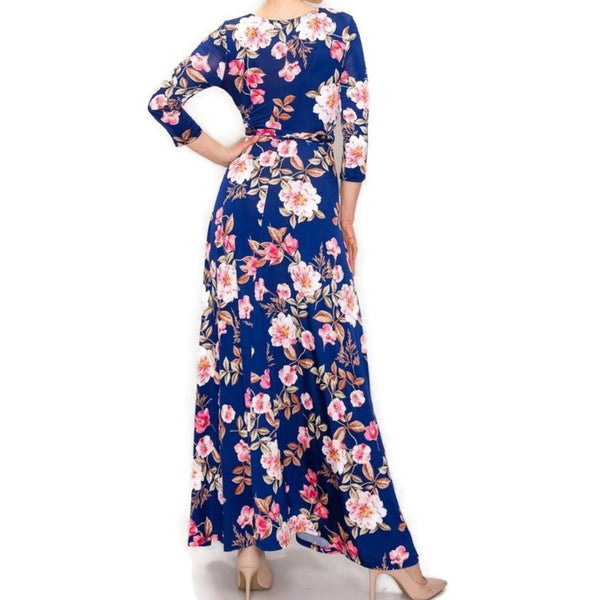 Navy Blue Pink Floral Faux Wrap Maxi Dress