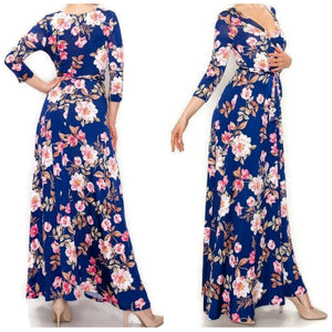 Navy Blue Pink Floral Faux Wrap Maxi Dress