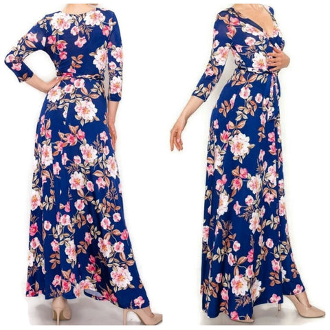 Navy Blue Pink Floral Faux Wrap Maxi Dress