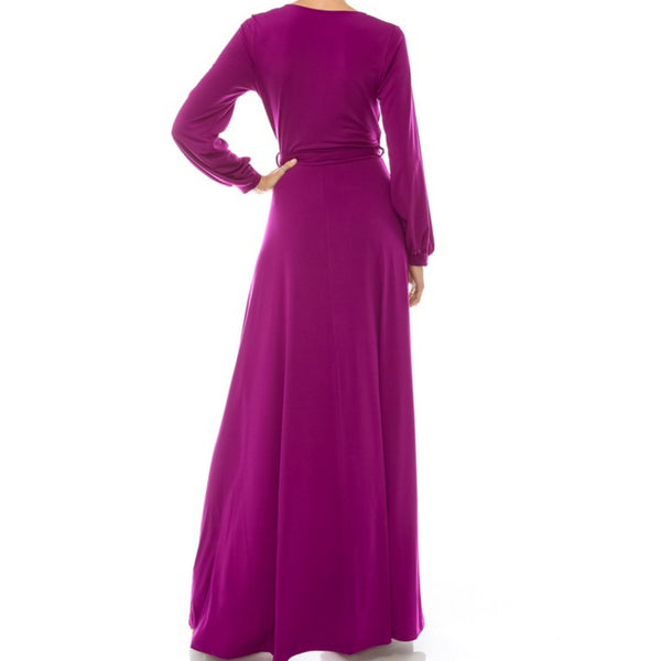 Magenta Bell Long Sleeve Modest Formal Maxi Dress