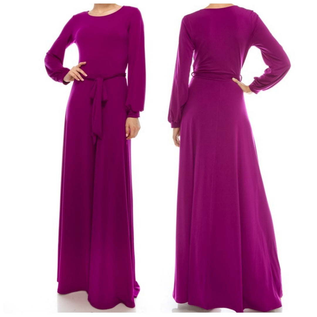 Magenta Bell Long Sleeve Modest Formal Maxi Dress