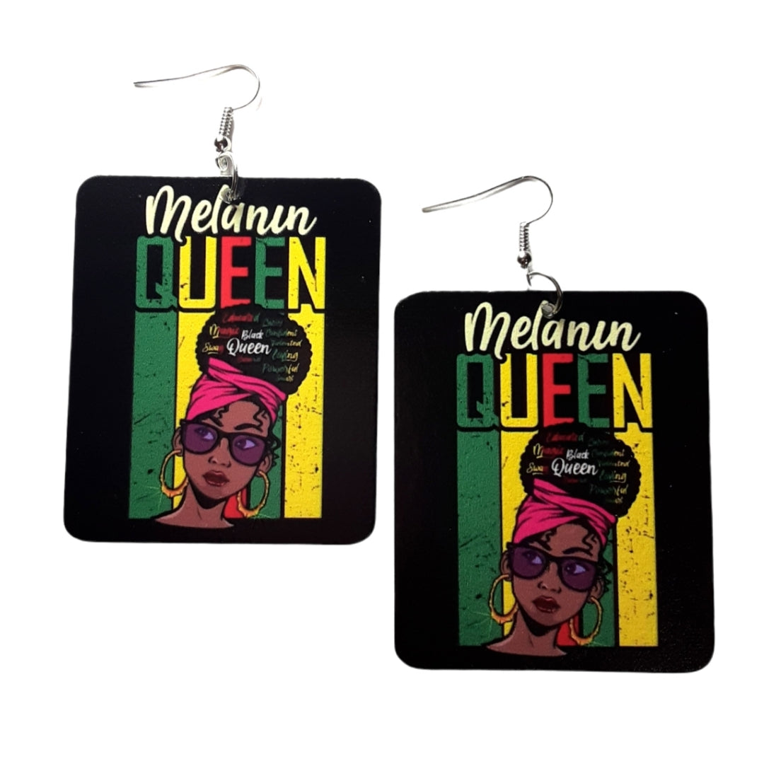 Melanin Queen Green Yellow Rectangle Statement Dangle Wood Earrings