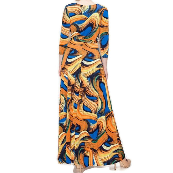 Sunsets and Waves Faux Wrap 3/4 Sleeve Long Maxi Dress