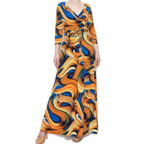 Sunsets and Waves Faux Wrap 3/4 Sleeve Long Maxi Dress