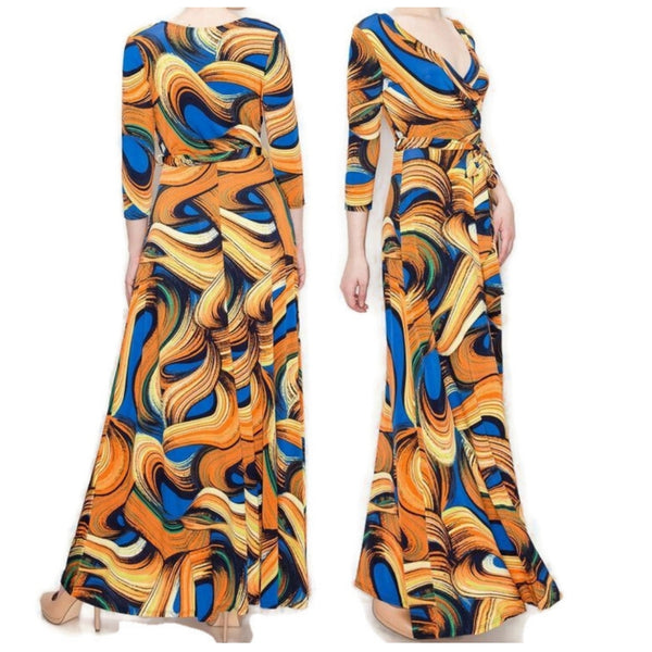 Sunsets and Waves Faux Wrap 3/4 Sleeve Long Maxi Dress