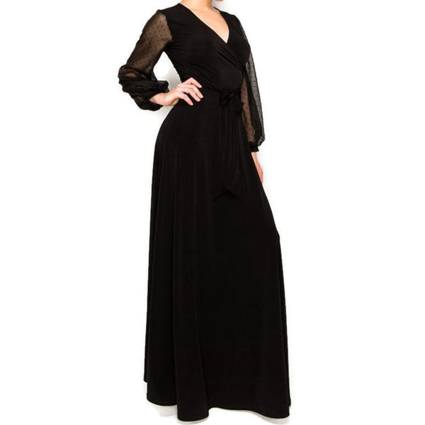 BLACK SHEER Chiffon Dot Long Bell Sleeve Evening Formal Maxi Dress