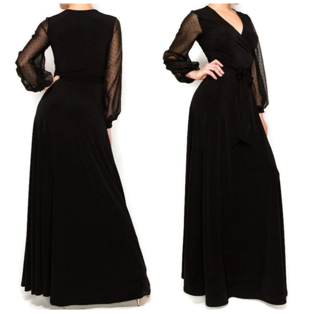 BLACK SHEER Chiffon Dot Long Bell Sleeve Evening Formal Maxi Dress