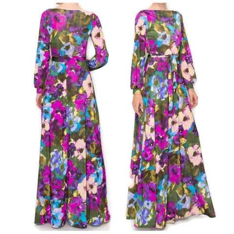 Vintage Olive Purple Floral Bell Long Sleeve Modest Maxi Dress