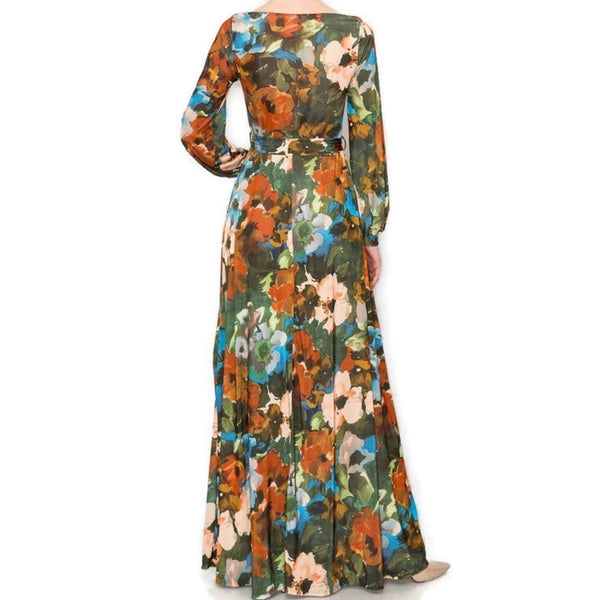 Vintage Olive Peach Floral Bell Long Sleeve Modest Maxi Dress
