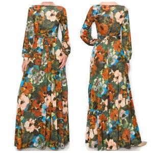 Vintage Olive Peach Floral Bell Long Sleeve Modest Maxi Dress