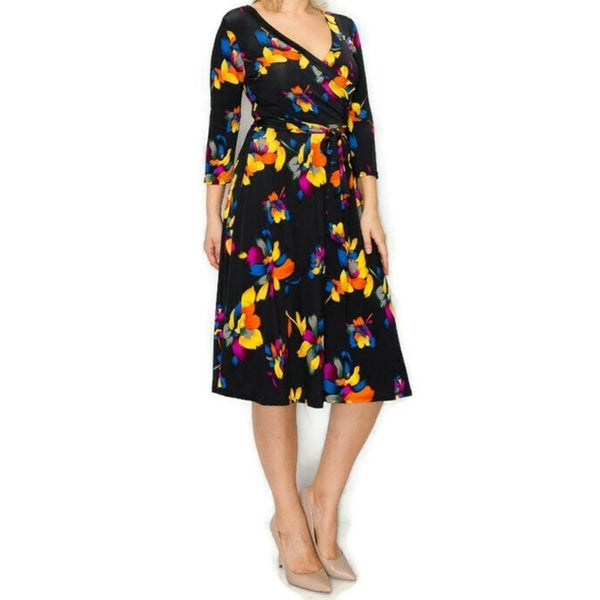 Abstract Bright Floral Faux Wrap Knee Length Plussize Dress