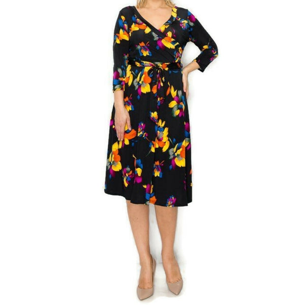 Abstract Bright Floral Faux Wrap Knee Length Plussize Dress