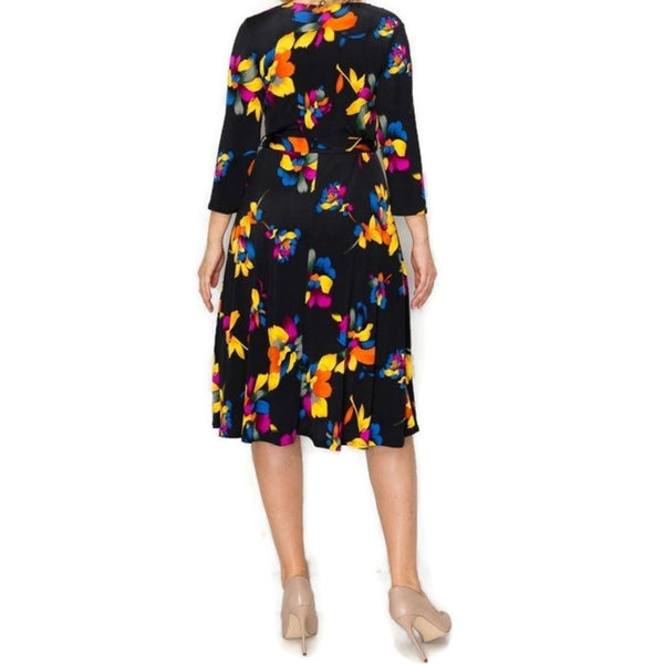 Abstract Bright Floral Faux Wrap Knee Length Plussize Dress