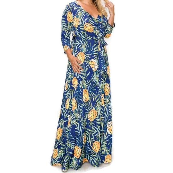 Pineapple Green Floral Faux Wrap Maxi Plussize Dress