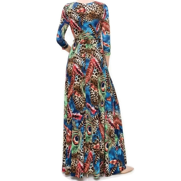 Peacock Leopard Feathers Faux Wrap Maxi Dress